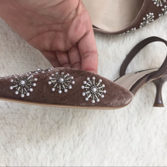 Zara Velvet Beaded Pearl Embellished Slingbacks - Picture 6 of 8